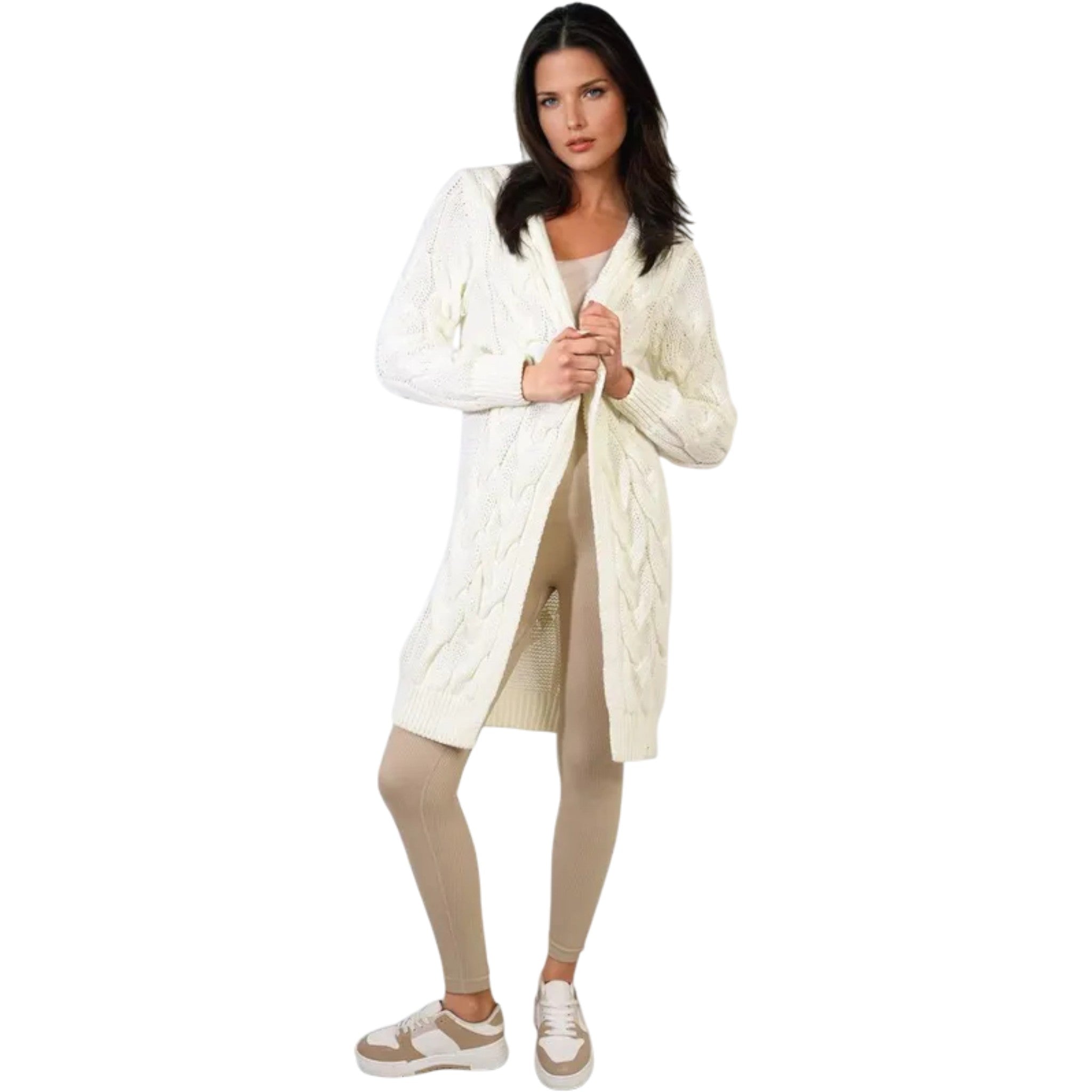 Ladies Italian Cream cable knit open-front longline cardigan for women
